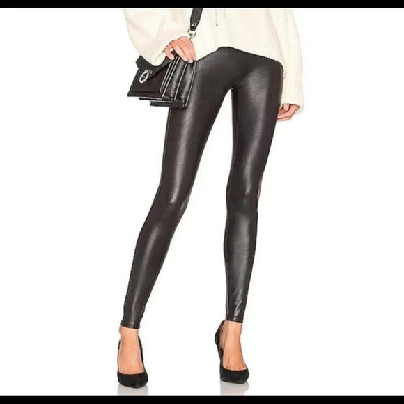 Spanx Faux Leather Black Shiny Legging Slimming Compression Tummy Control Small - Picture 1 of 9